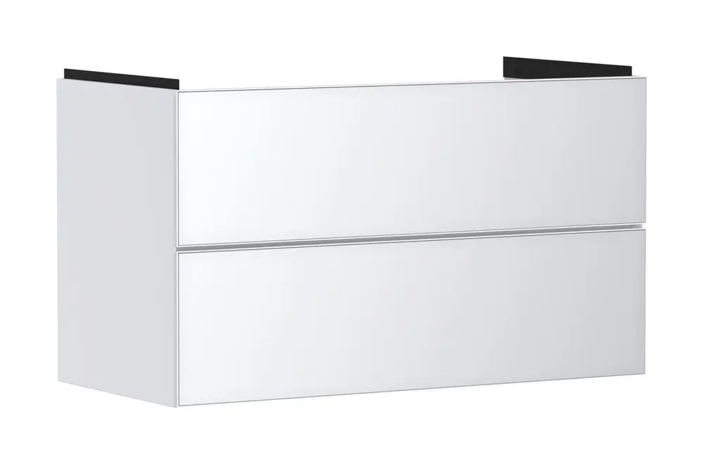 Weißer Waschtischunterschrank von Hansgrohe mit zwei Schubkästen, minimalistischem Design und geschlossenen Fronten, für die Montage unter einem Waschtisch geeignet.